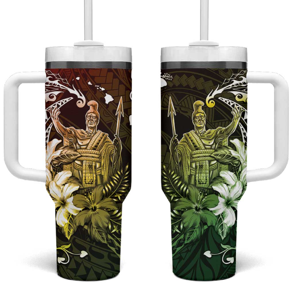 Hawaii King Kamehameha Day Tumbler With Handle Polynesian Pattern Mix Hibiscus Reggae