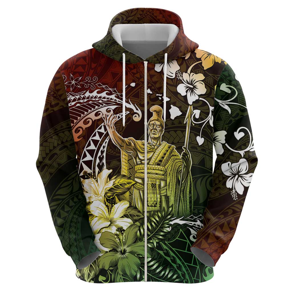Hawaii King Kamehameha Day Zip Hoodie Polynesian Pattern Mix Hibiscus Reggae