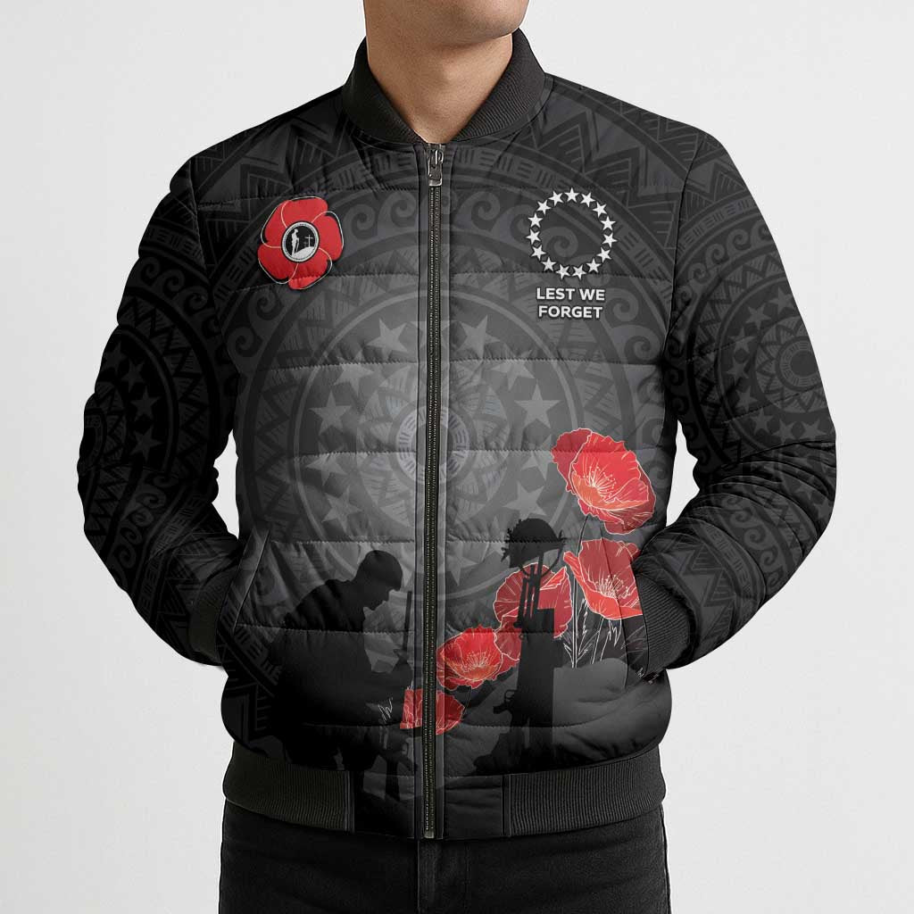 Cook Islands ANZAC Day Bomber Puffer Jacket Soldier Silhouette Remembrance