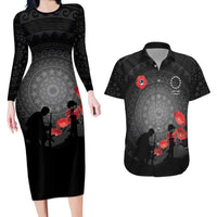 Cook Islands ANZAC Day Couples Matching Long Sleeve Bodycon Dress and Hawaiian Shirt Soldier Silhouette Remembrance