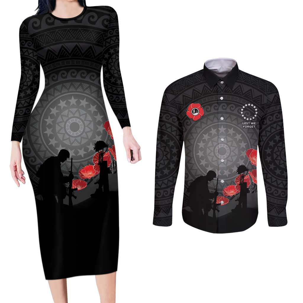 Cook Islands ANZAC Day Couples Matching Long Sleeve Bodycon Dress and Long Sleeve Button Shirt Soldier Silhouette Remembrance