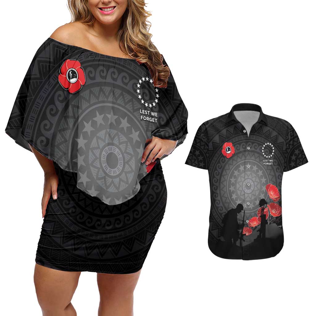 Cook Islands ANZAC Day Couples Matching Off Shoulder Short Dress and Hawaiian Shirt Soldier Silhouette Remembrance