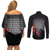 Cook Islands ANZAC Day Couples Matching Off Shoulder Short Dress and Long Sleeve Button Shirt Soldier Silhouette Remembrance