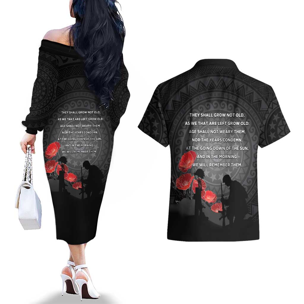 Cook Islands ANZAC Day Couples Matching Off The Shoulder Long Sleeve Dress and Hawaiian Shirt Soldier Silhouette Remembrance