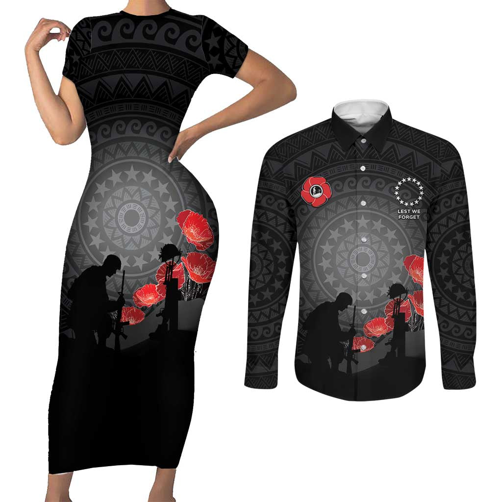 Cook Islands ANZAC Day Couples Matching Short Sleeve Bodycon Dress and Long Sleeve Button Shirt Soldier Silhouette Remembrance