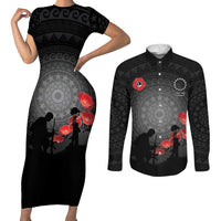 Cook Islands ANZAC Day Couples Matching Short Sleeve Bodycon Dress and Long Sleeve Button Shirt Soldier Silhouette Remembrance