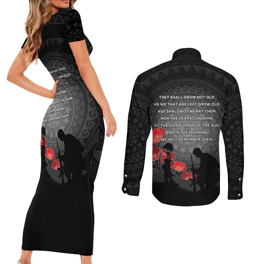 Cook Islands ANZAC Day Couples Matching Short Sleeve Bodycon Dress and Long Sleeve Button Shirt Soldier Silhouette Remembrance