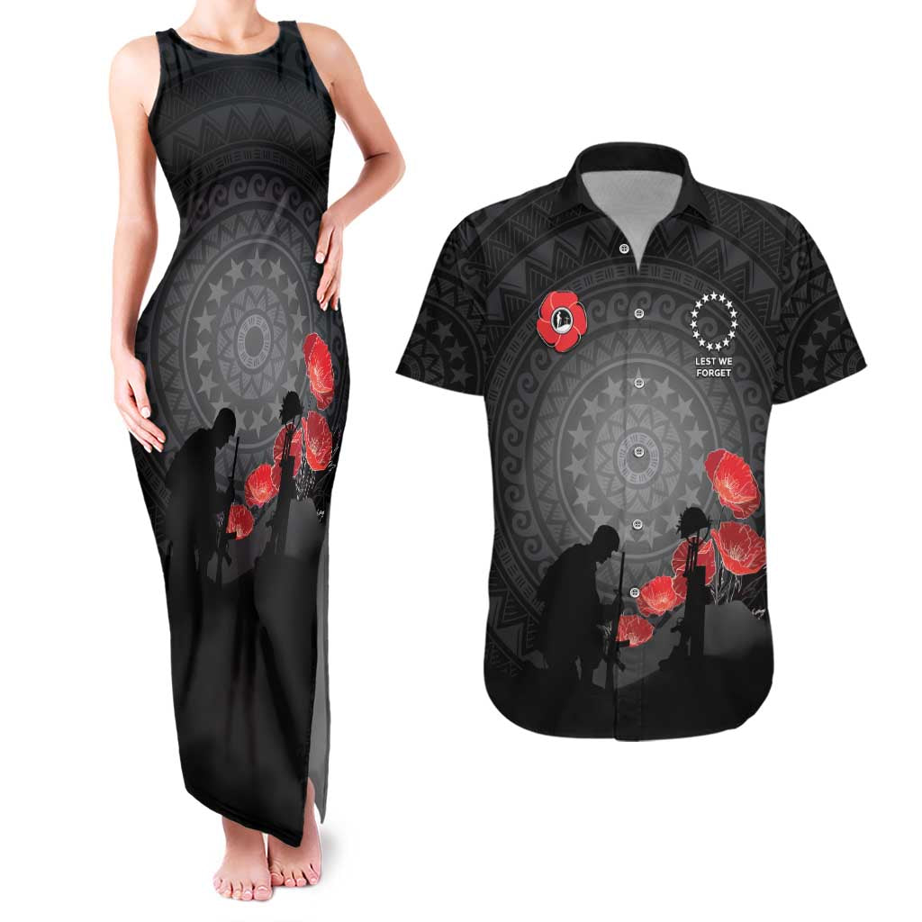 Cook Islands ANZAC Day Couples Matching Tank Maxi Dress and Hawaiian Shirt Soldier Silhouette Remembrance