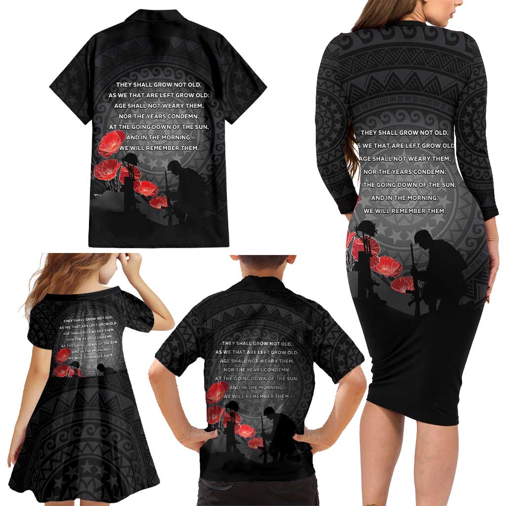 Cook Islands ANZAC Day Family Matching Long Sleeve Bodycon Dress and Hawaiian Shirt Soldier Silhouette Remembrance