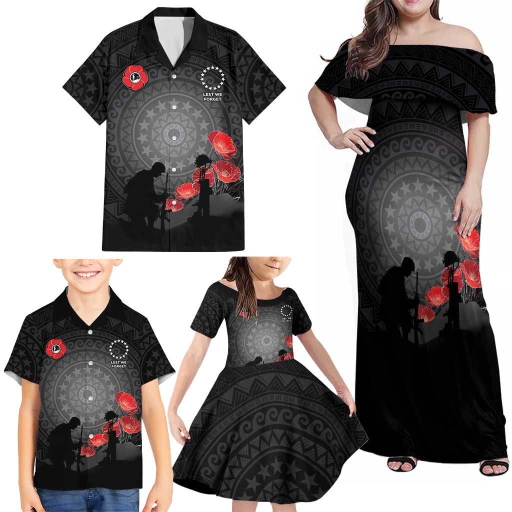 Cook Islands ANZAC Day Family Matching Off Shoulder Maxi Dress and Hawaiian Shirt Soldier Silhouette Remembrance