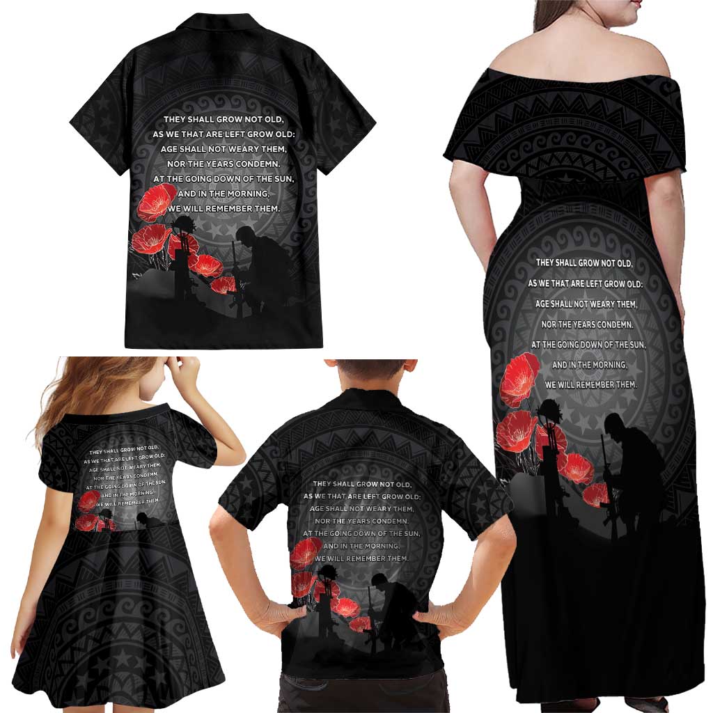 Cook Islands ANZAC Day Family Matching Off Shoulder Maxi Dress and Hawaiian Shirt Soldier Silhouette Remembrance