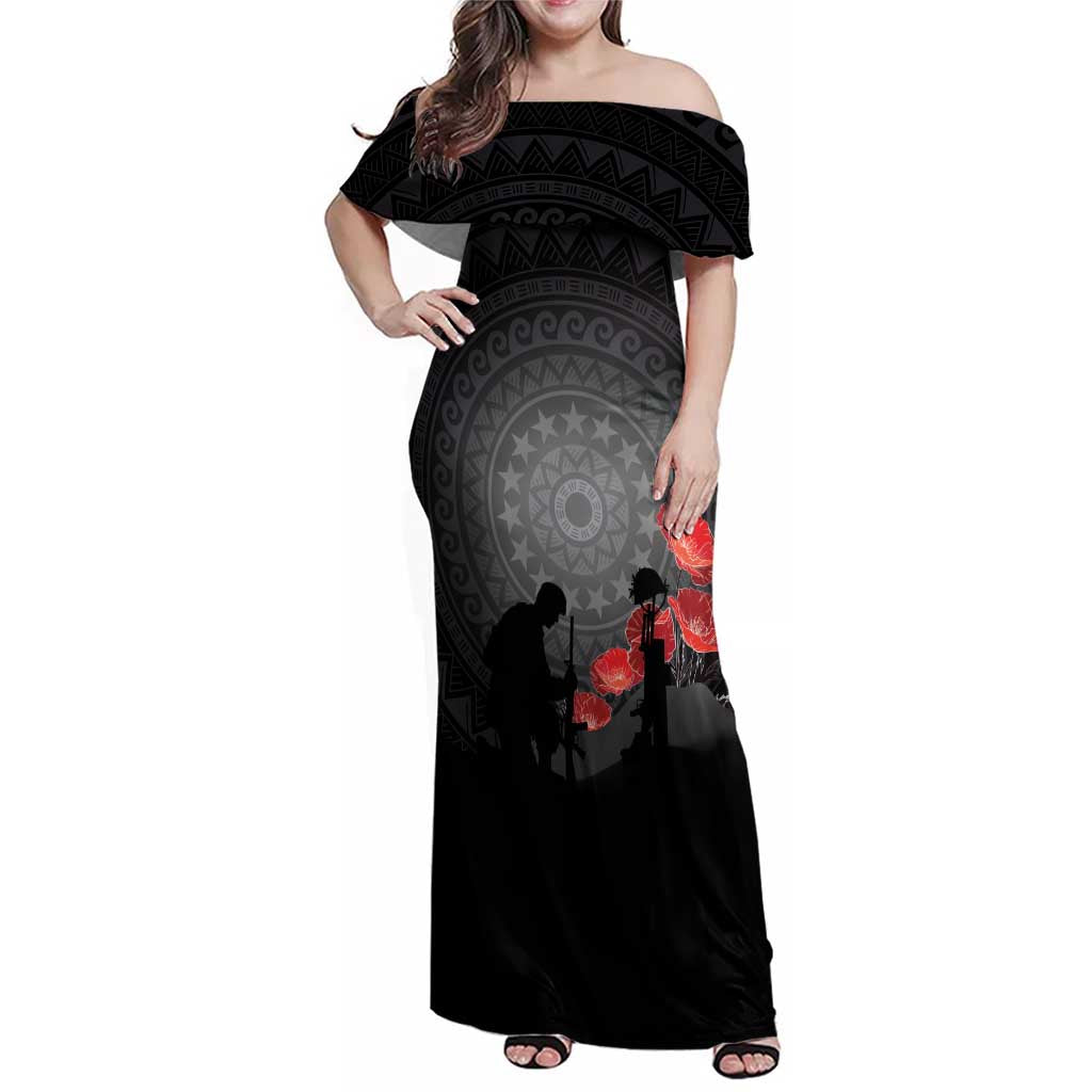 Cook Islands ANZAC Day Family Matching Off Shoulder Maxi Dress and Hawaiian Shirt Soldier Silhouette Remembrance