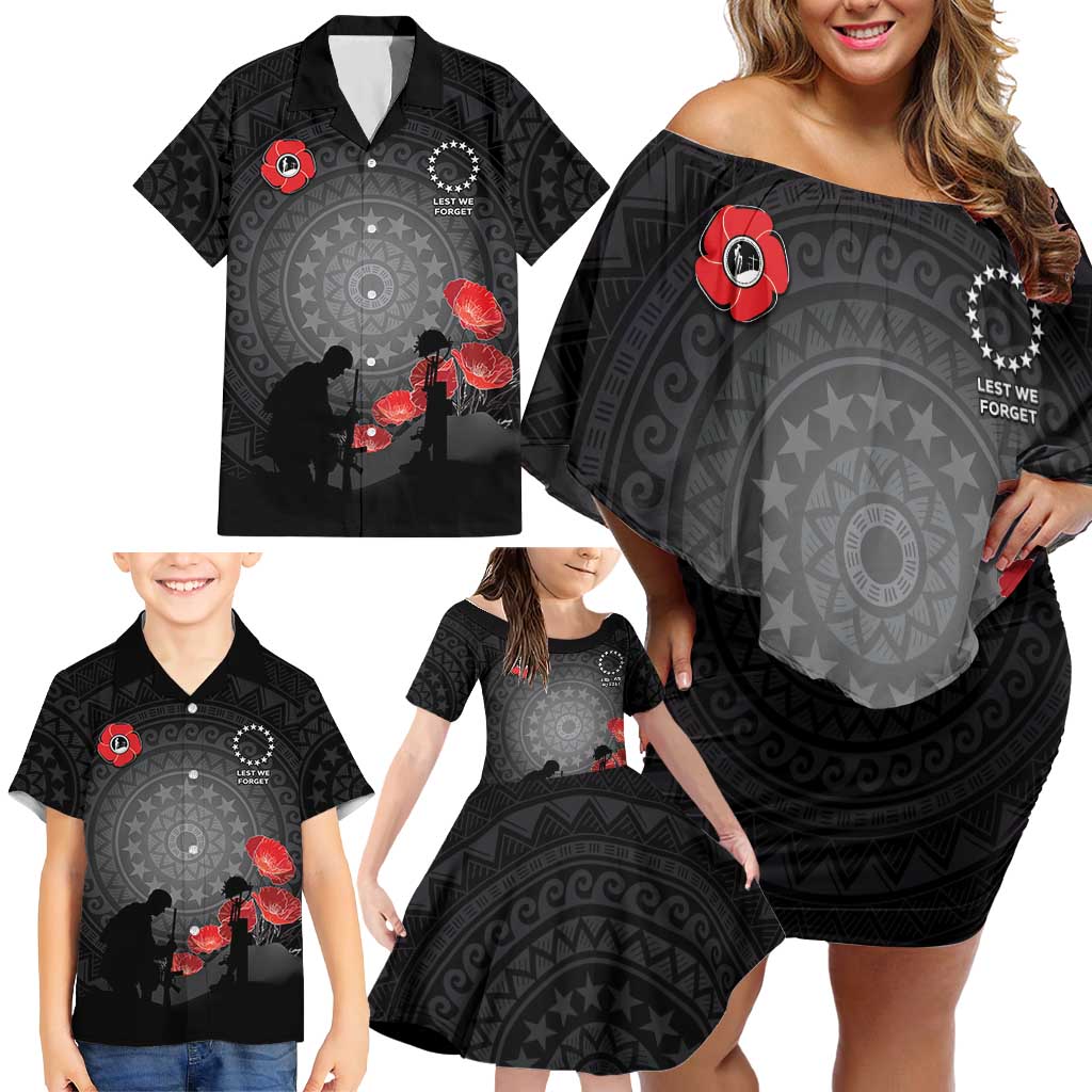 Cook Islands ANZAC Day Family Matching Off Shoulder Short Dress and Hawaiian Shirt Soldier Silhouette Remembrance