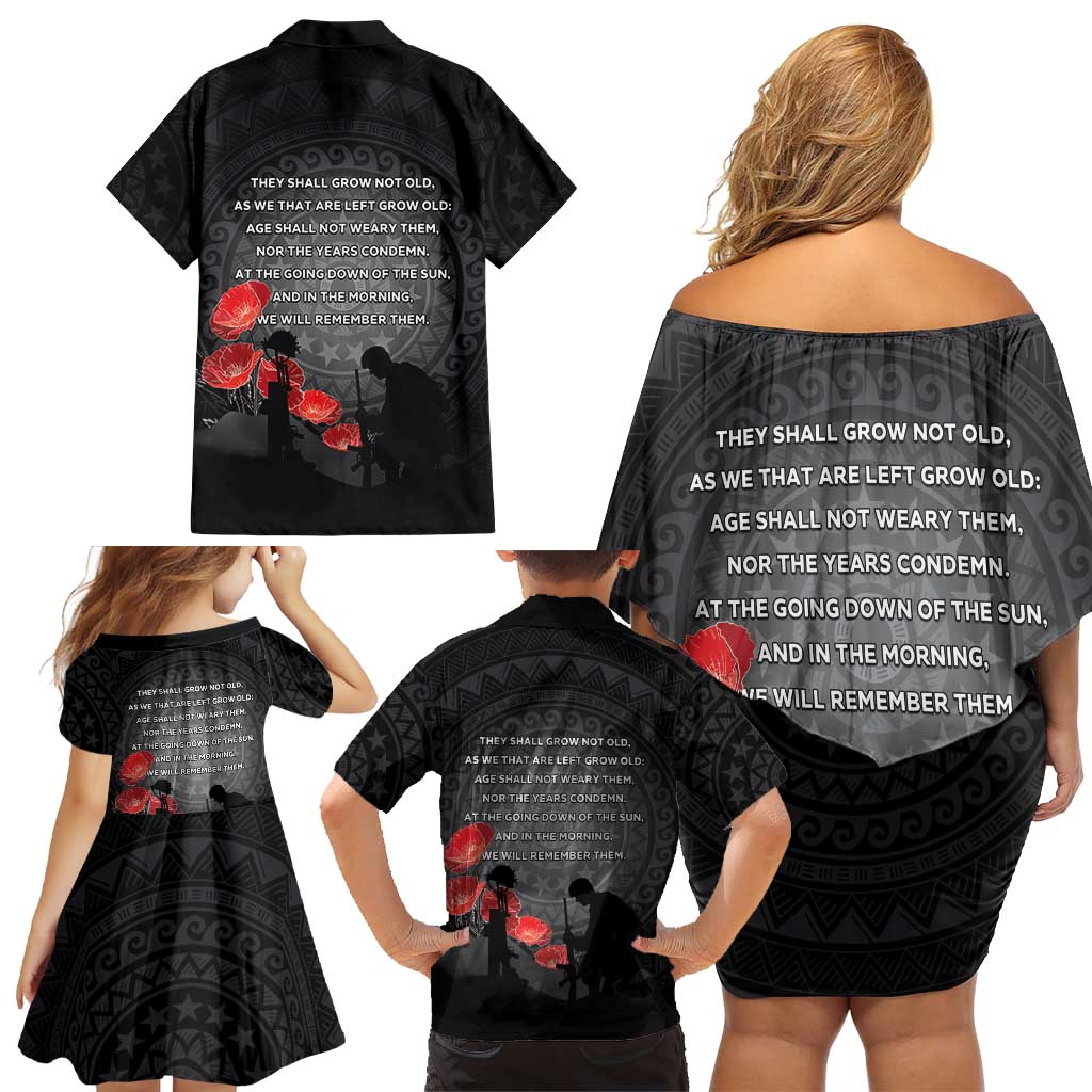 Cook Islands ANZAC Day Family Matching Off Shoulder Short Dress and Hawaiian Shirt Soldier Silhouette Remembrance