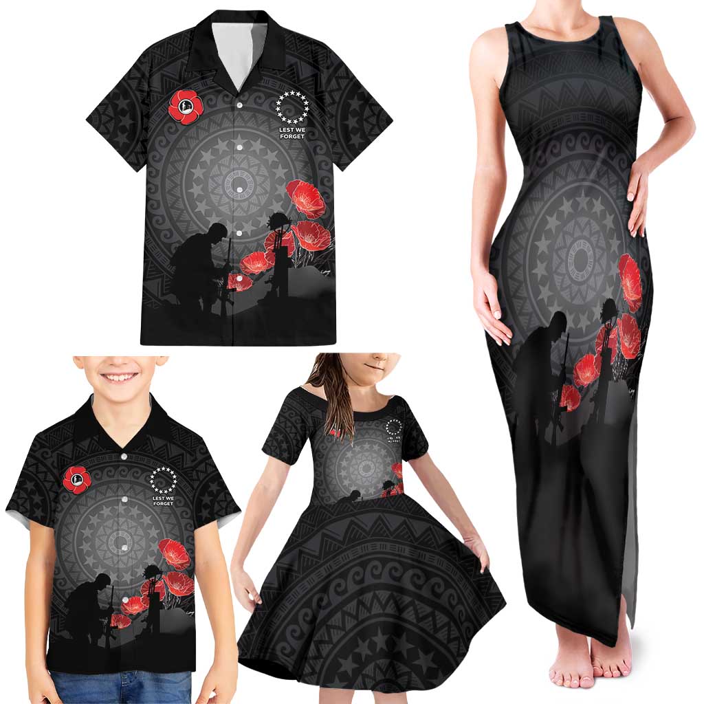 Cook Islands ANZAC Day Family Matching Tank Maxi Dress and Hawaiian Shirt Soldier Silhouette Remembrance