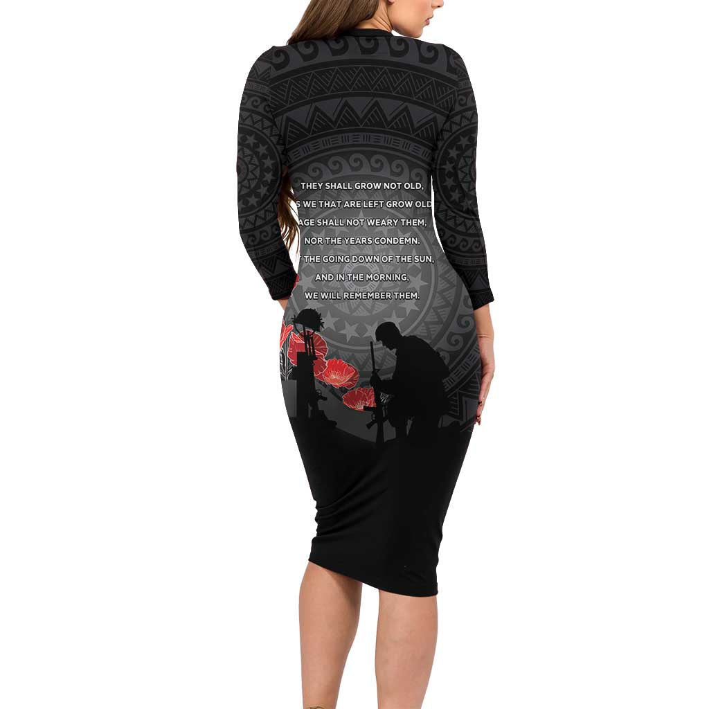 Cook Islands ANZAC Day Long Sleeve Bodycon Dress Soldier Silhouette Remembrance