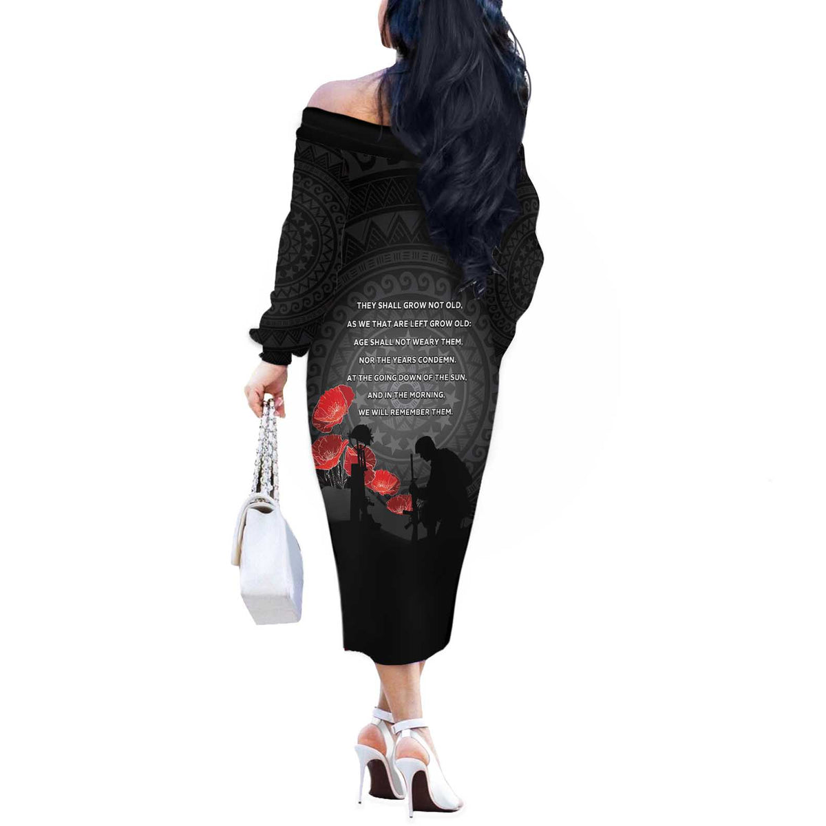 Cook Islands ANZAC Day Off The Shoulder Long Sleeve Dress Soldier Silhouette Remembrance