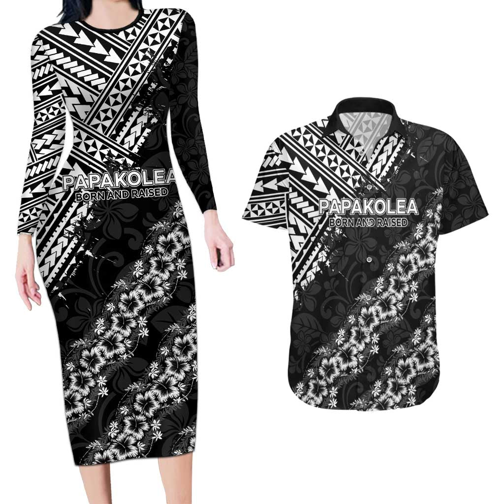 Hawaii Papakolea Born And Raised Couples Matching Long Sleeve Bodycon Dress and Hawaiian Shirt Hawaiian Tribal Pattern