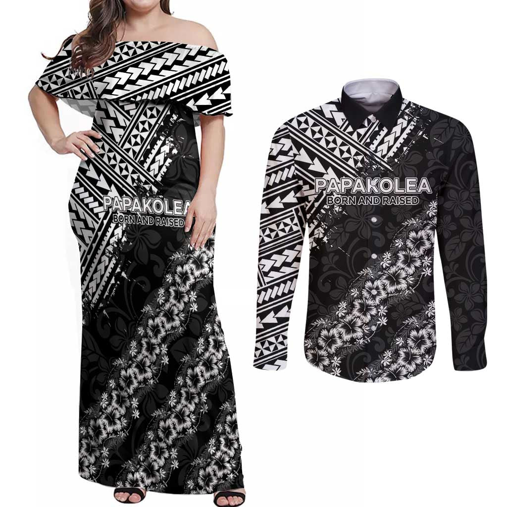 Hawaii Papakolea Born And Raised Couples Matching Off Shoulder Maxi Dress and Long Sleeve Button Shirt Hawaiian Tribal Pattern LT05 Black - Polynesian Pride