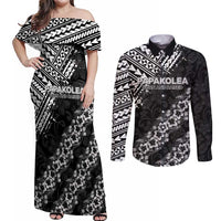 Hawaii Papakolea Born And Raised Couples Matching Off Shoulder Maxi Dress and Long Sleeve Button Shirt Hawaiian Tribal Pattern LT05 Black - Polynesian Pride