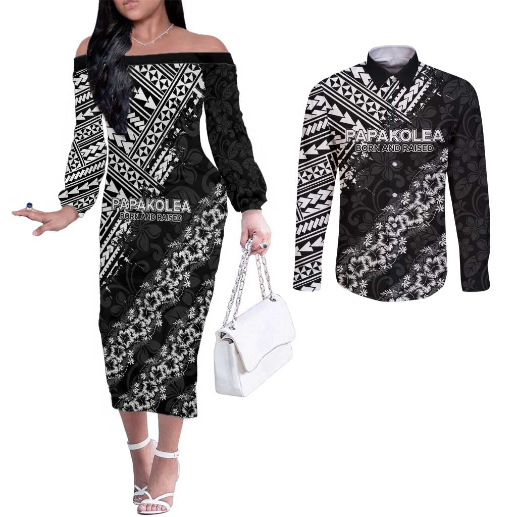 Hawaii Papakolea Born And Raised Couples Matching Off The Shoulder Long Sleeve Dress and Long Sleeve Button Shirt Hawaiian Tribal Pattern
