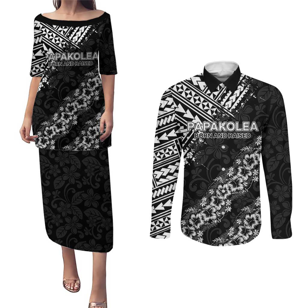 Hawaii Papakolea Born And Raised Couples Matching Puletasi and Long Sleeve Button Shirt Hawaiian Tribal Pattern