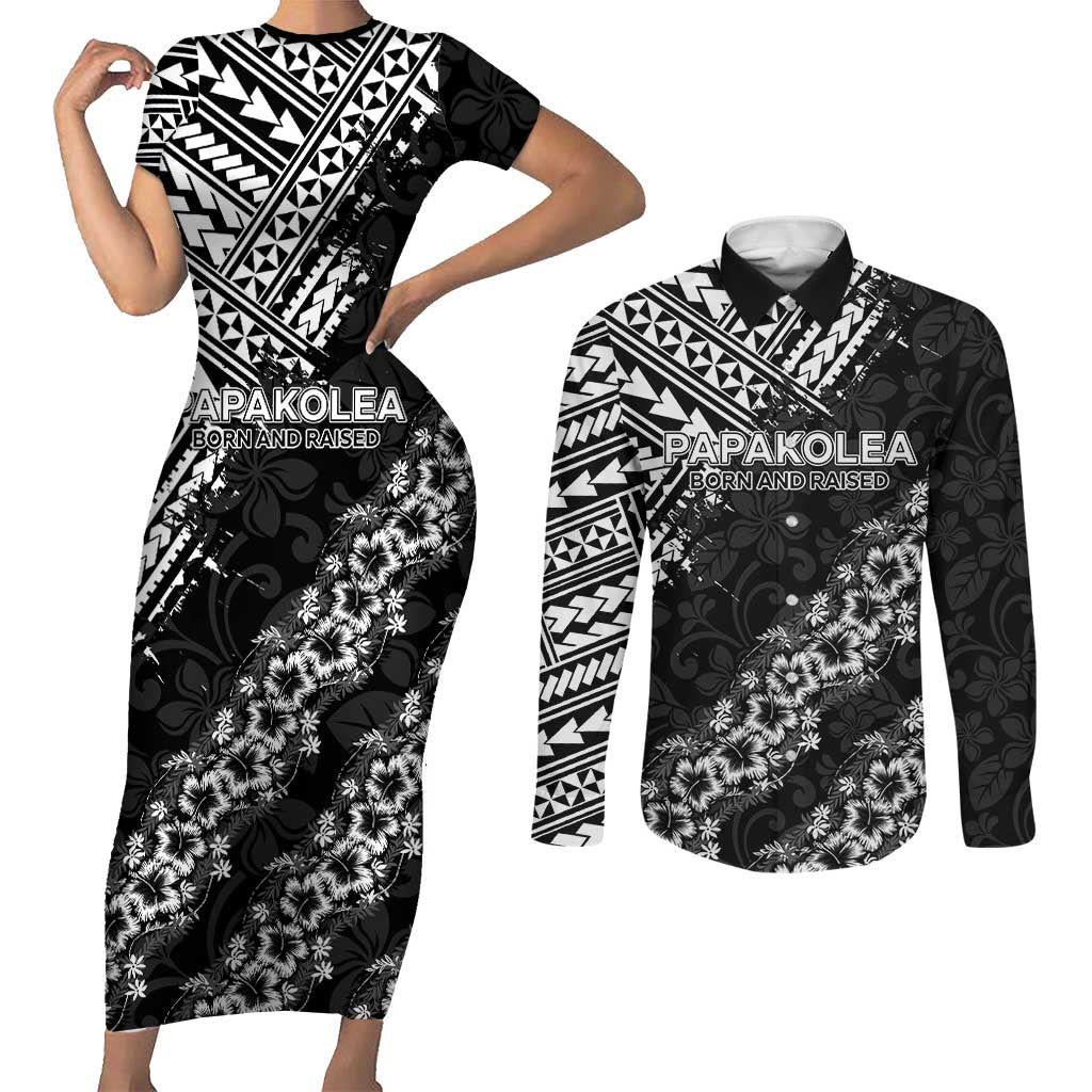 Hawaii Papakolea Born And Raised Couples Matching Short Sleeve Bodycon Dress and Long Sleeve Button Shirt Hawaiian Tribal Pattern