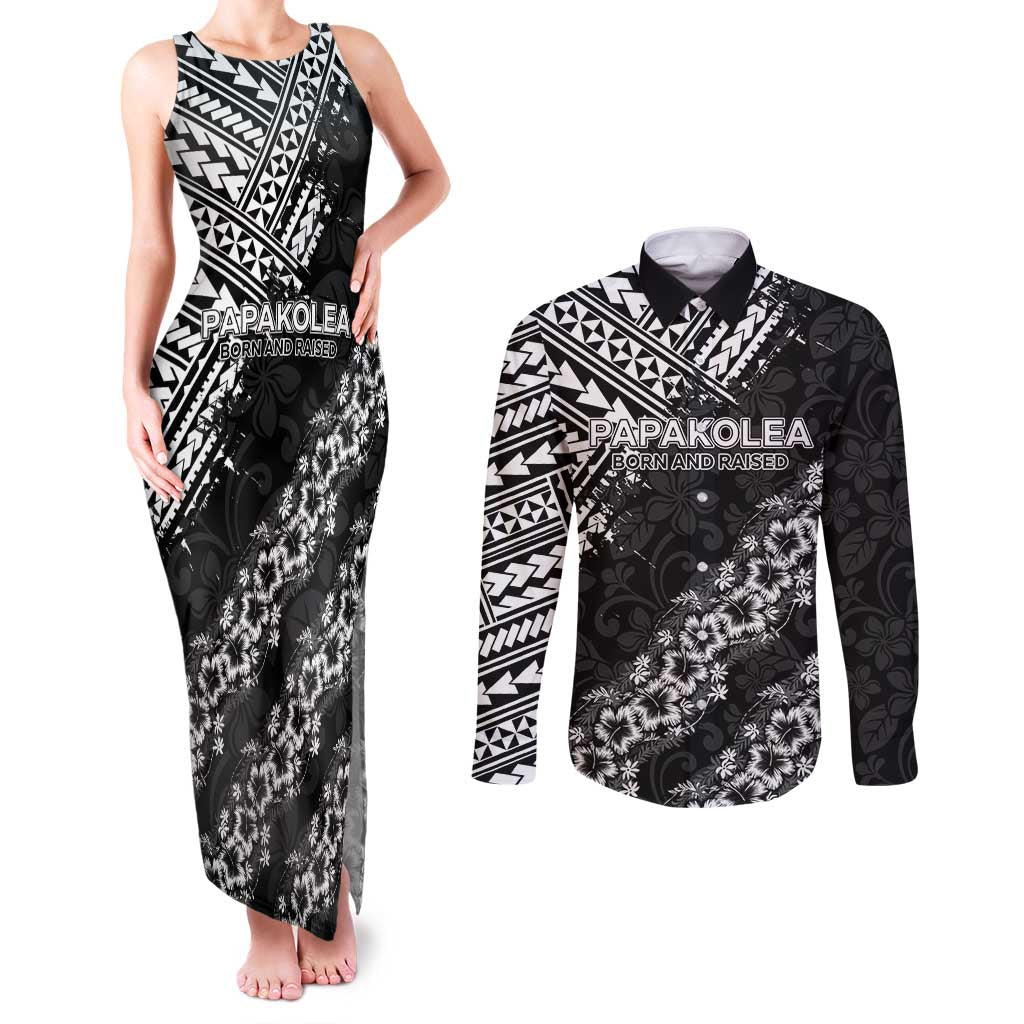 Hawaii Papakolea Born And Raised Couples Matching Tank Maxi Dress and Long Sleeve Button Shirt Hawaiian Tribal Pattern LT05 Black - Polynesian Pride