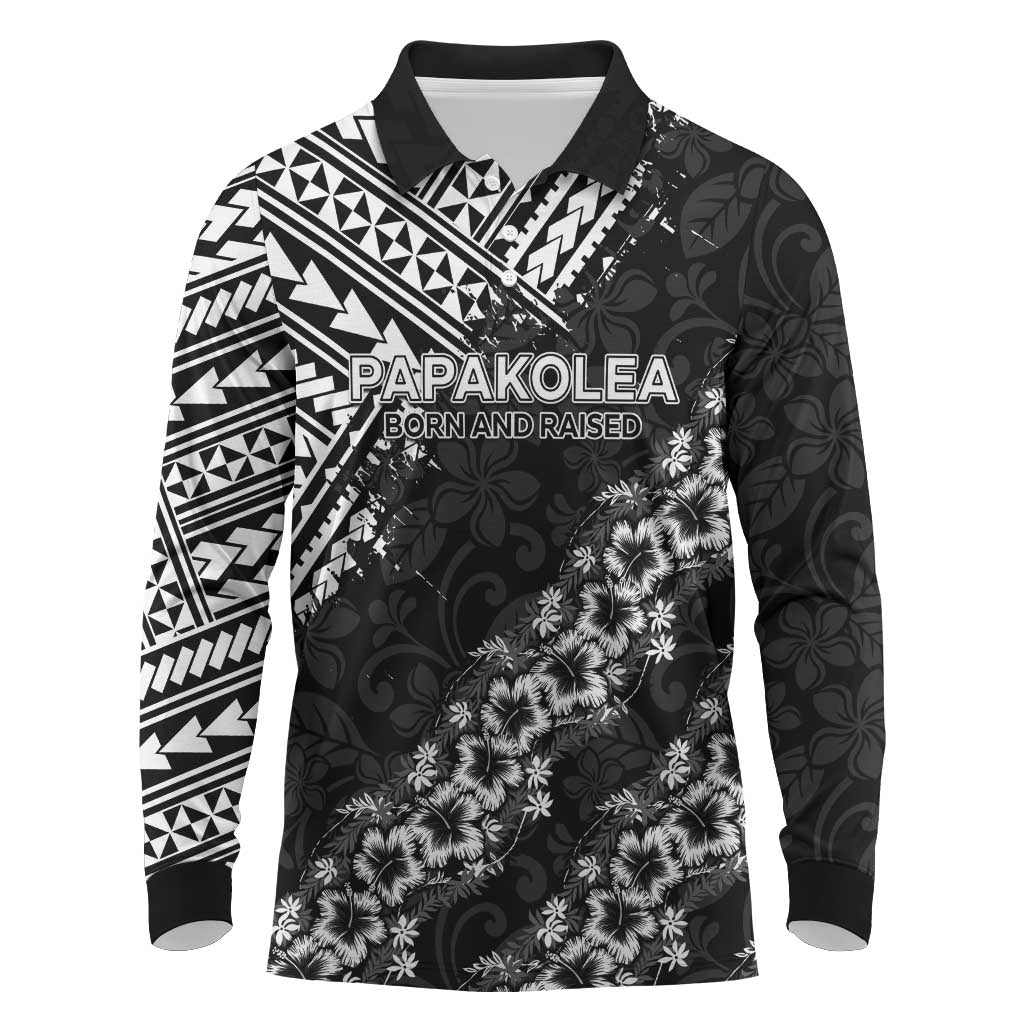 Hawaii Papakolea Born And Raised Long Sleeve Polo Shirt Hawaiian Tribal Pattern LT05 Black - Polynesian Pride