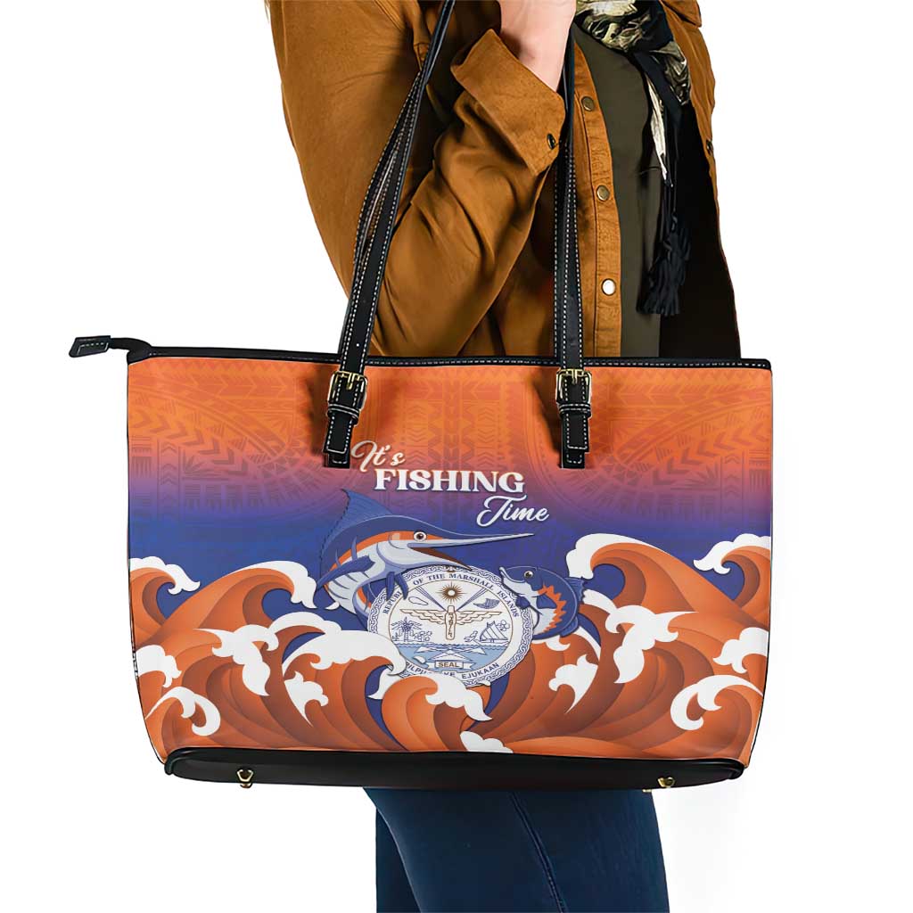 Marshall Islands Fishermen's Day Leather Tote Bag It's Fishing Time
