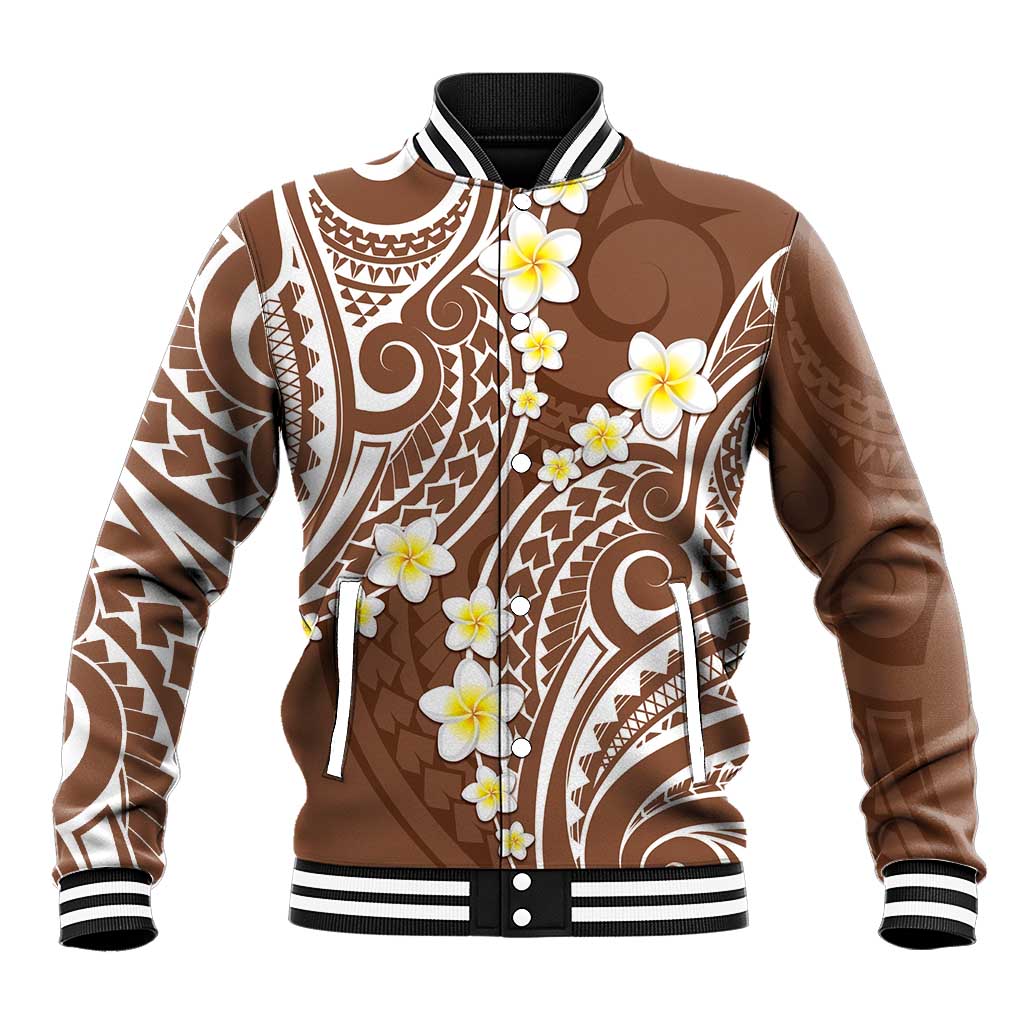 Plumeria With Brown Polynesian Tattoo Pattern Baseball Jacket LT05 Unisex Brown - Polynesian Pride