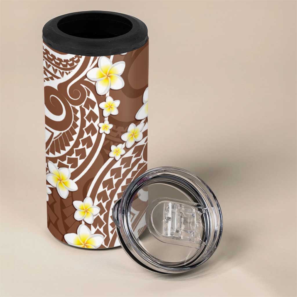 Plumeria With Brown Polynesian Tattoo Pattern 4 in 1 Can Cooler Tumbler