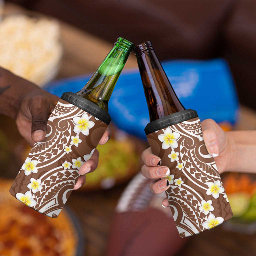 Plumeria With Brown Polynesian Tattoo Pattern 4 in 1 Can Cooler Tumbler