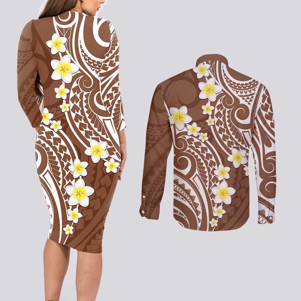 Plumeria With Brown Polynesian Tattoo Pattern Couples Matching Long Sleeve Bodycon Dress and Long Sleeve Button Shirt
