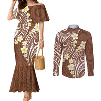 Plumeria With Brown Polynesian Tattoo Pattern Couples Matching Mermaid Dress and Long Sleeve Button Shirt