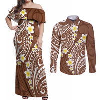 Plumeria With Brown Polynesian Tattoo Pattern Couples Matching Off Shoulder Maxi Dress and Long Sleeve Button Shirt
