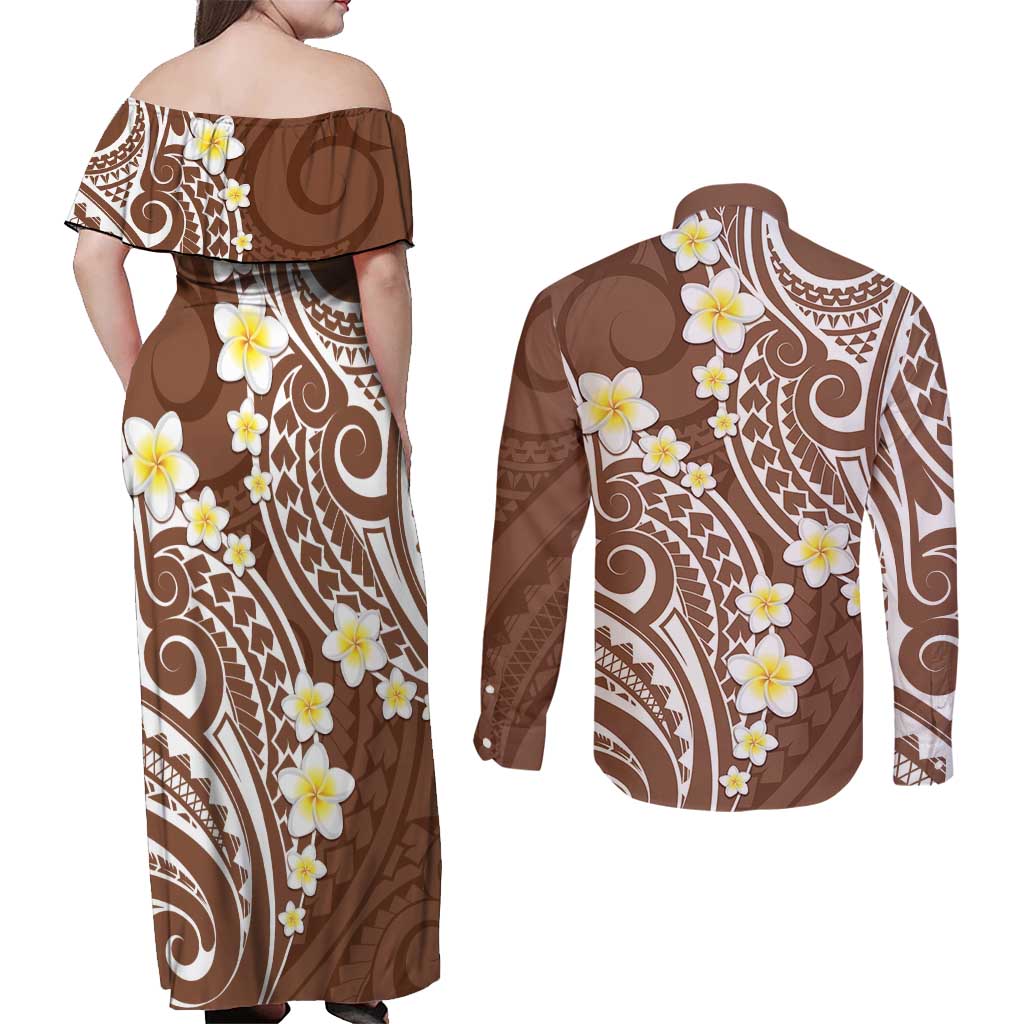 Plumeria With Brown Polynesian Tattoo Pattern Couples Matching Off Shoulder Maxi Dress and Long Sleeve Button Shirt