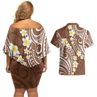 Plumeria With Brown Polynesian Tattoo Pattern Couples Matching Off Shoulder Short Dress and Hawaiian Shirt