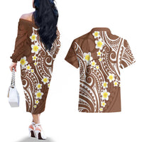 Plumeria With Brown Polynesian Tattoo Pattern Couples Matching Off The Shoulder Long Sleeve Dress and Hawaiian Shirt