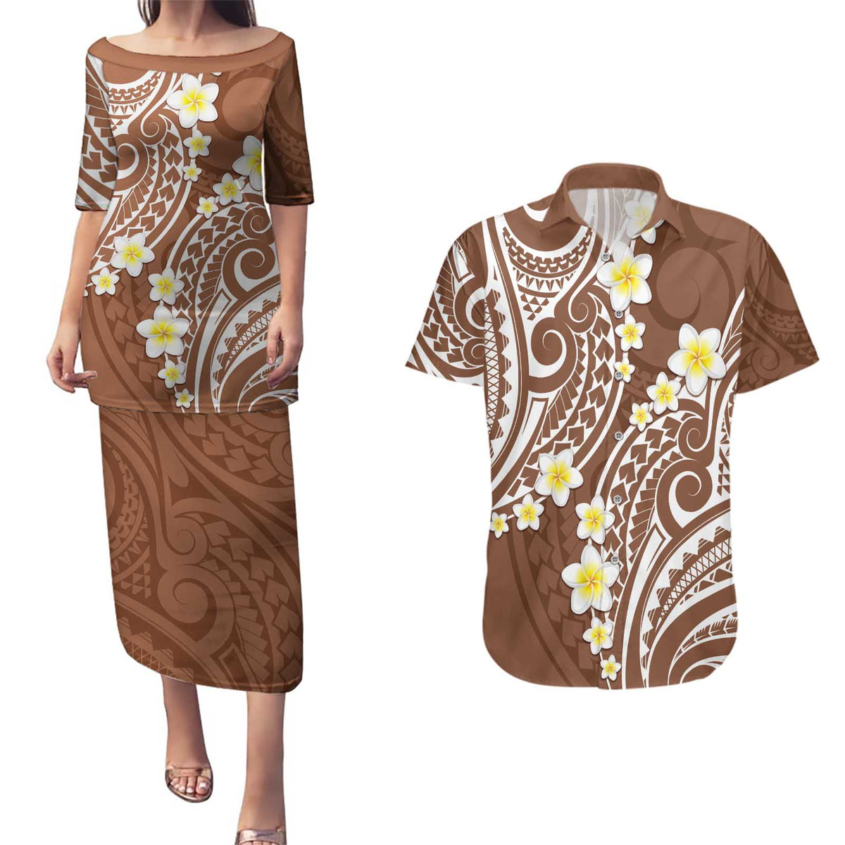 Plumeria With Brown Polynesian Tattoo Pattern Couples Matching Puletasi and Hawaiian Shirt