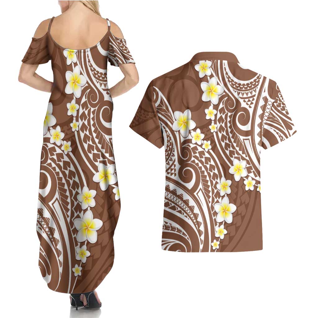 Plumeria With Brown Polynesian Tattoo Pattern Couples Matching Summer Maxi Dress and Hawaiian Shirt