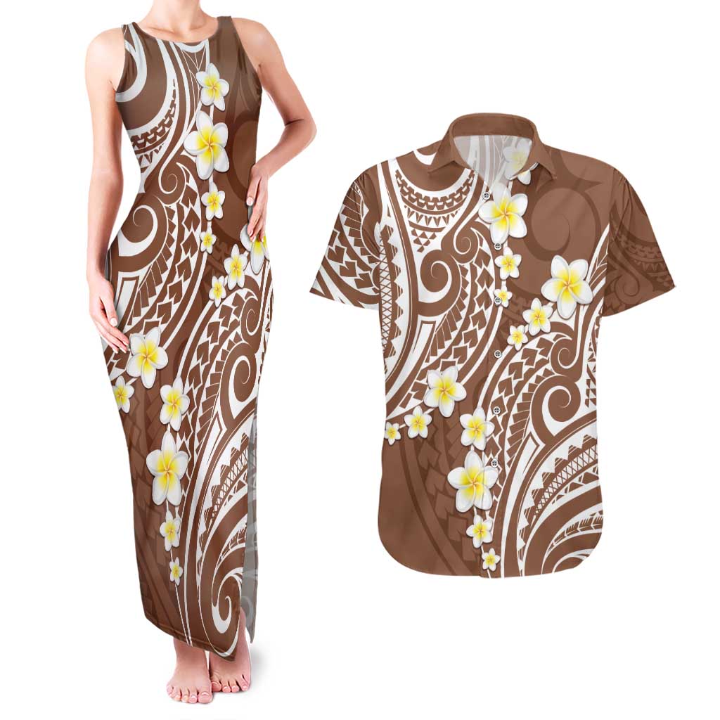 Plumeria With Brown Polynesian Tattoo Pattern Couples Matching Tank Maxi Dress and Hawaiian Shirt