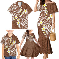 Plumeria With Brown Polynesian Tattoo Pattern Family Matching Mermaid Dress and Hawaiian Shirt