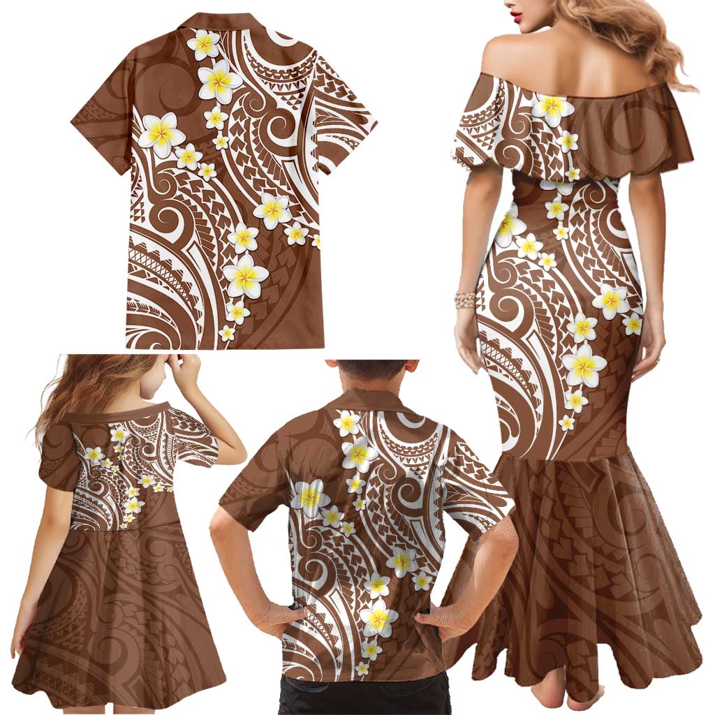 Plumeria With Brown Polynesian Tattoo Pattern Family Matching Mermaid Dress and Hawaiian Shirt