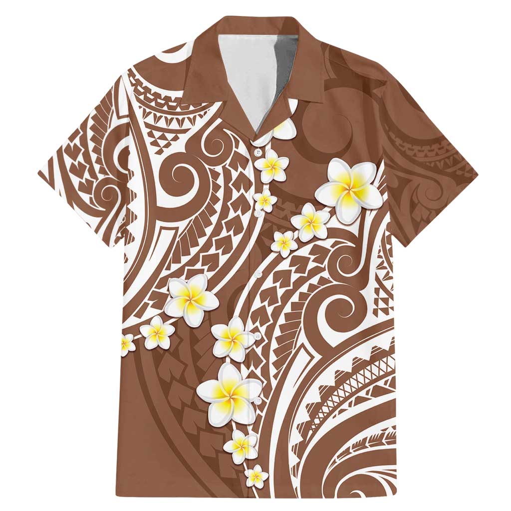 Plumeria With Brown Polynesian Tattoo Pattern Family Matching Mermaid Dress and Hawaiian Shirt