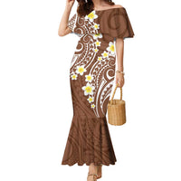Plumeria With Brown Polynesian Tattoo Pattern Family Matching Mermaid Dress and Hawaiian Shirt