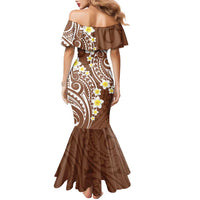 Plumeria With Brown Polynesian Tattoo Pattern Family Matching Mermaid Dress and Hawaiian Shirt