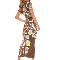 Plumeria With Brown Polynesian Tattoo Pattern Family Matching Short Sleeve Bodycon Dress and Hawaiian Shirt