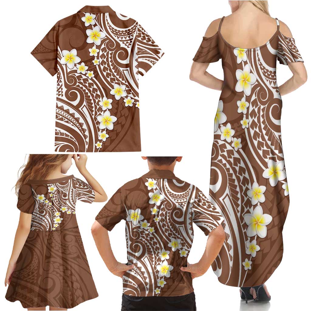 Plumeria With Brown Polynesian Tattoo Pattern Family Matching Summer Maxi Dress and Hawaiian Shirt