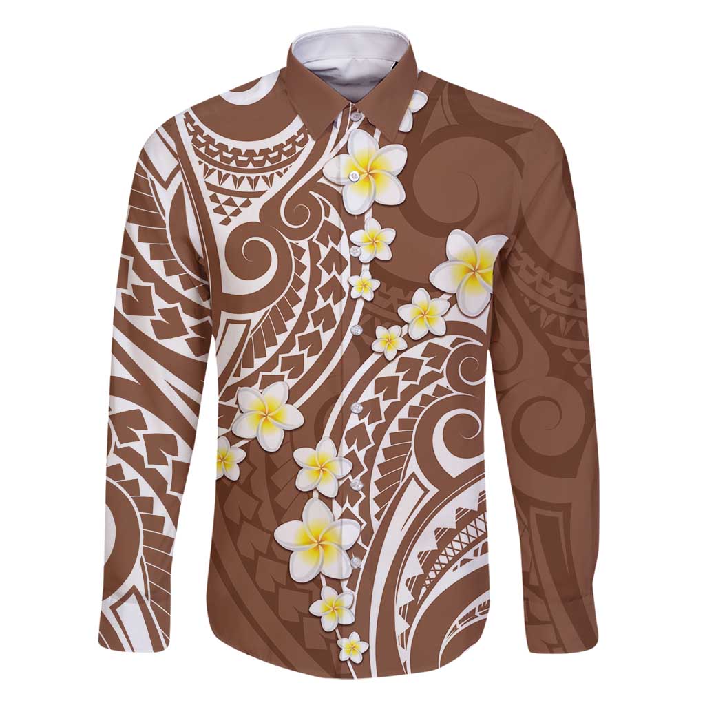 Plumeria With Brown Polynesian Tattoo Pattern Family Matching Summer Maxi Dress and Hawaiian Shirt